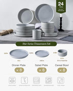 Famiware Star 24-Piece Reactive Glaze Plates and Bowls Sets, Service for 8 - Stoneware Dinnerware Set, High Edge Ribbed Dishes, Chip & Scratch Resistant, Microwave & Dishwasher Safe, Matte Gray