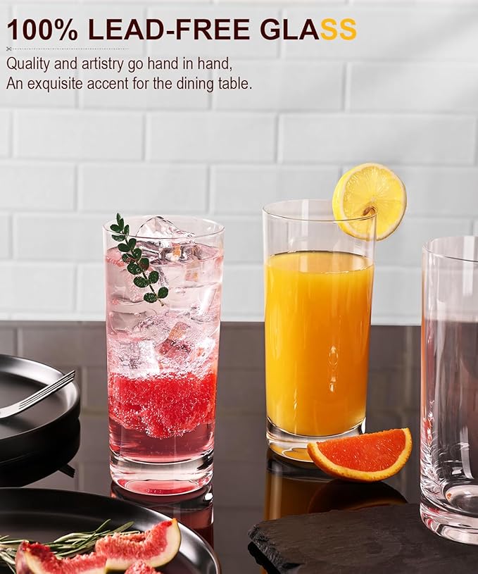 Drinking Water Glasses Set of 6, 15.5oz Highball Glasses, Lead-Free Crystal Glassware with Unique Wide Mouth, Thoughtful Gifts for House Warming, Birthdays, Everyday Life