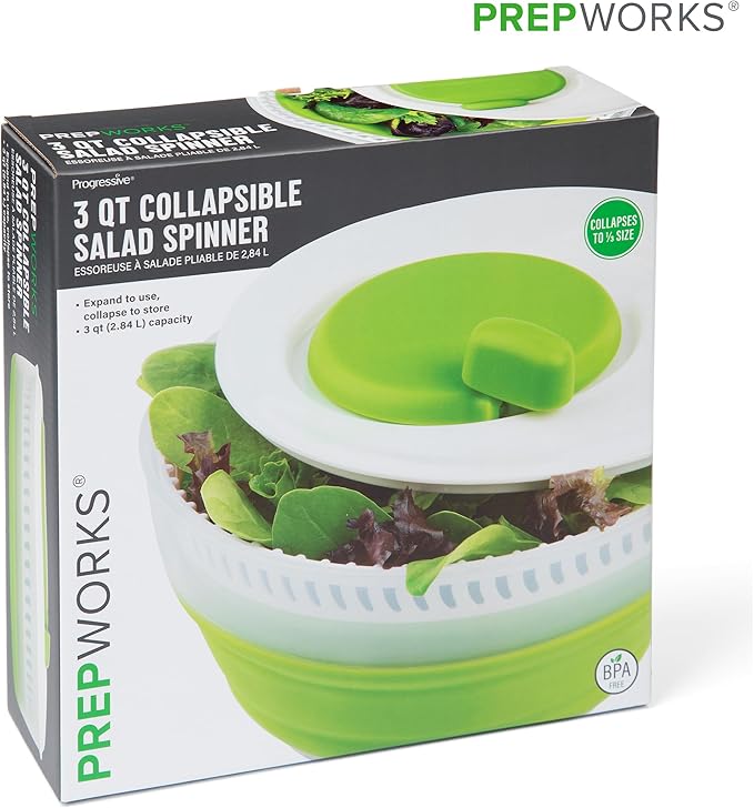 PrepWorks 3 Qt Collapsible Salad Spinner – Space-Saving, Easy-to-Use, BPA-Free, for Quick Salad Washing & Drying, Dishwasher Safe