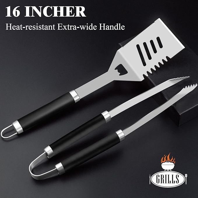 ROMANTICIST 26pcs Stainless Steel Grill Tool Set, Heavy Duty BBQ Grilling Accessories Gifts for Men Dad, Non-Slip Grill Utensils Kit with Apron, Thermometer, Mats in Aluminum Case for Christmas Black