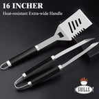 ROMANTICIST 26pcs Stainless Steel Grill Tool Set, Heavy Duty BBQ Grilling Accessories Gifts for Men Dad, Non-Slip Grill Utensils Kit with Apron, Thermometer, Mats in Aluminum Case for Christmas Black