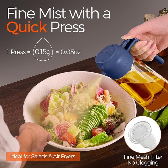 YARRAMATE 2Pcs 16oz/470ml Glass Olive Oil Sprayer for Cooking with Stickers, 2 in 1 Oil Dispenser for Kitchen Gadgets, Food Grade Premium Spray Bottle with Portion Control for Salad, BBQ (Black&Navy)