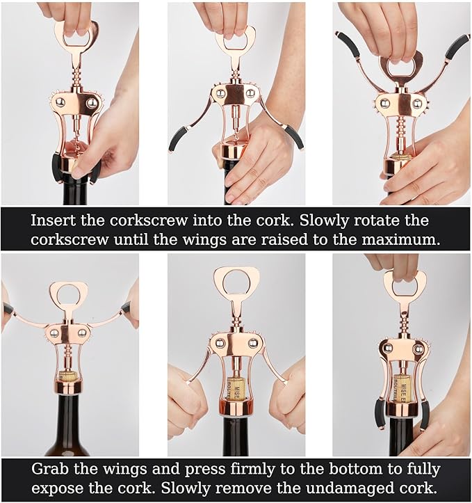 KORCCI Wine Opener, Heavy-Duty Zinc Alloy Wing Corkscrew, Premium Beer Bottle Opener, Multifunctional Wine Accessories with Ergonomic Handle and Sharp Screw, for Kitchen, Bar, Restaurant (Rose Gold)