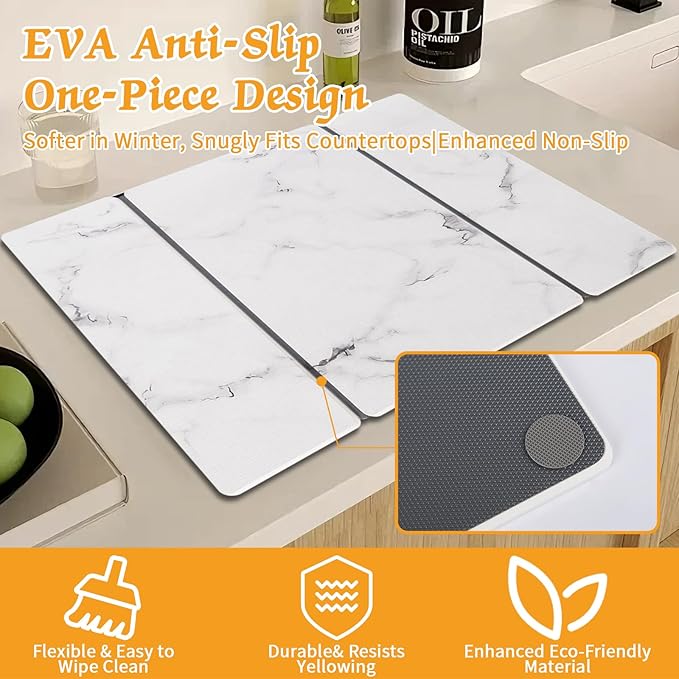 Stone Dish Drying Mat for Kitchen Counter, 24''×15'' Dishes Drying Matt Kitchen Counter, Absorbent Diatomaceous Earth Bath Quick Dry Mats for Tableware, Bottles and Cup (White Marble)