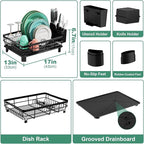 MOUKABAL Dish Drying Rack, Dish Rack, Stainless Steel Dish Racks for Kitchen Counter, Dish Drainer with Removable Utensil Holder, Drainboard (Black,13''W x 17''L)