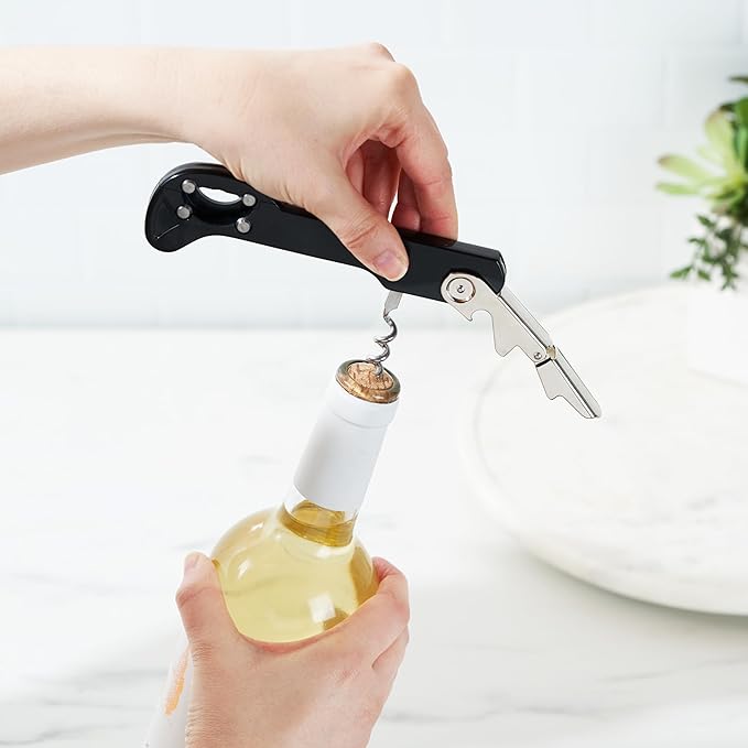 True Recoil Waiters Corkscrew Wine Opener, Durable Stainless Steel with Built-in Bottle Opener and 4-Wheel Foil Cutter for Bartenders, Home Bar, Kitchen, Outdoor Party, Gifts for Wine Lovers, Set of 1