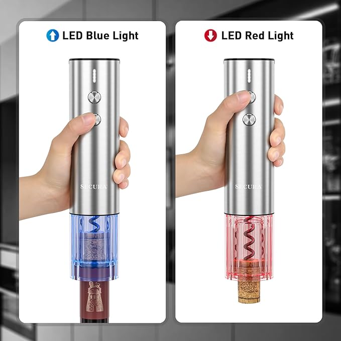 Secura Stainless Steel Electric Wine Opener, Rechargeable Automatic Home Wine Bottle Opener with Foil Cutter & Charging Cable, Reusable Corkscrew Wine Opener Electric for Wine Lovers, Silver