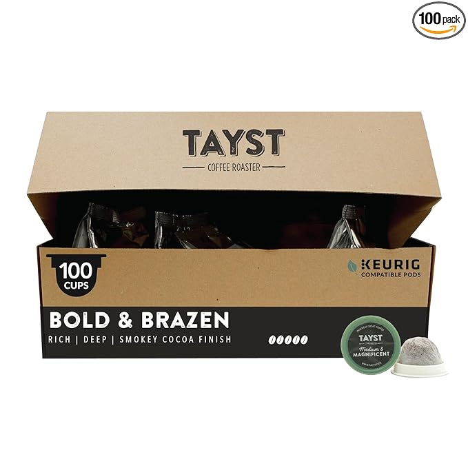 Tayst Coffee Pods, Bold & Brazen Dark Roast, K Cups Compatible with Keurig Coffee Maker, Sustainable Single Serve, Pack of 100