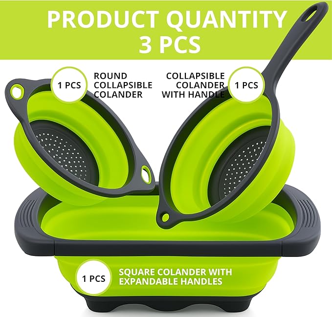 3PCS Green Foldable Kitchen Strainer Set – Silicone Colander Collapsible Strainers and Colanders Green Collander for Kitchen Collapsible Compact Drain Tools for Cooking Prep