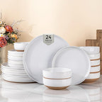 AmorArc Ceramic Dinnerware Sets for 8, 24 Pieces Handpainted Plates and Bowls Set with Rustic Terracotta Underside, Scratch Resistant Stoneware Dishes Set, Dishwasher & Microwave Safe, White