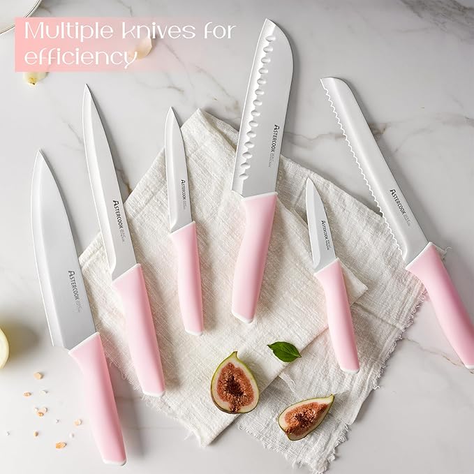 Astercook Knife Set, Kitchen Knives Set with Block and Sharpener 15 Pcs German Stainless Steel Knives Sharp Blade Dishwasher Safe Deba Knives with Ergonomic Handle, Crystal Pink