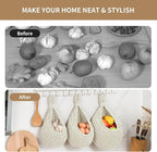 Boho Wall Hanging Fruit Baskets for Kitchen 3 Pack Woven Produce Holder with 6 Pcs Strong Hooks Vegetable Hanging Basket for Organizing Teardrop Home Wall Potato Onion Storage, White