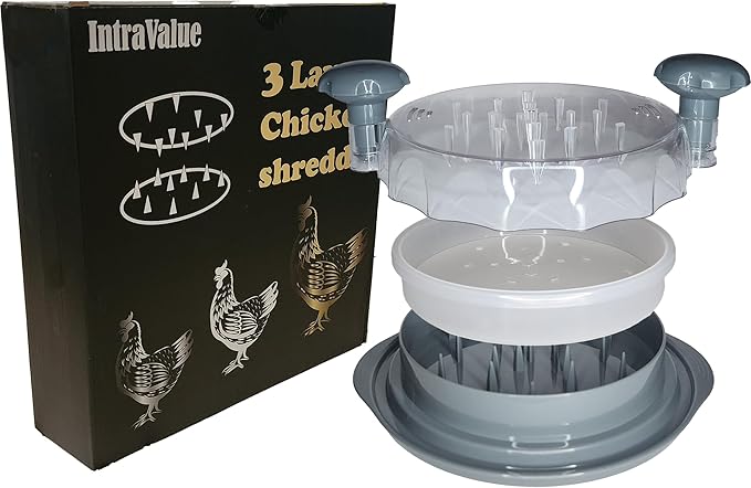 Chicken breast shredder tool twist, manual meat shredder for pork, beef, and even salads, ergonomic handles and built in non-slip solution, removable middle tray improves usability