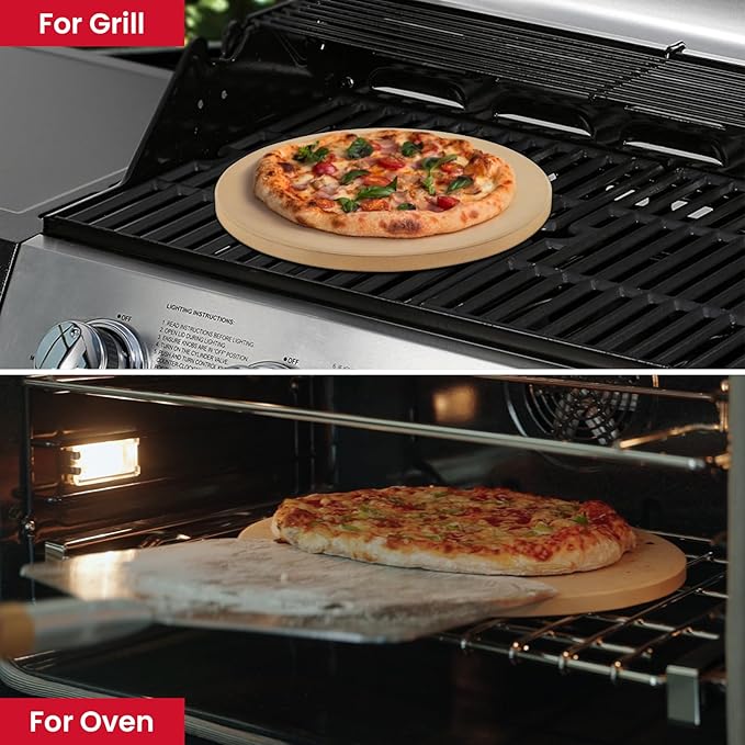 Unicook 14 Inch Round Pizza Stone, Heavy Duty Cordierite Baking Stone for Oven and Grill, Thermal Shock Resistant, Ideal for Baking Crispy Crust Pizzas, Bread, Pies and More, Includes Dough Scraper