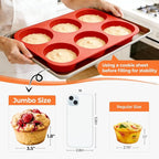 CAKETIME Silicone Jumbo Muffin Pan, 3.5 Inch Silicone Texas Muffin Pan 6 Cup Large Cupcake Pan Nonstick BPA Free Silicone Molds 2 Pack Red