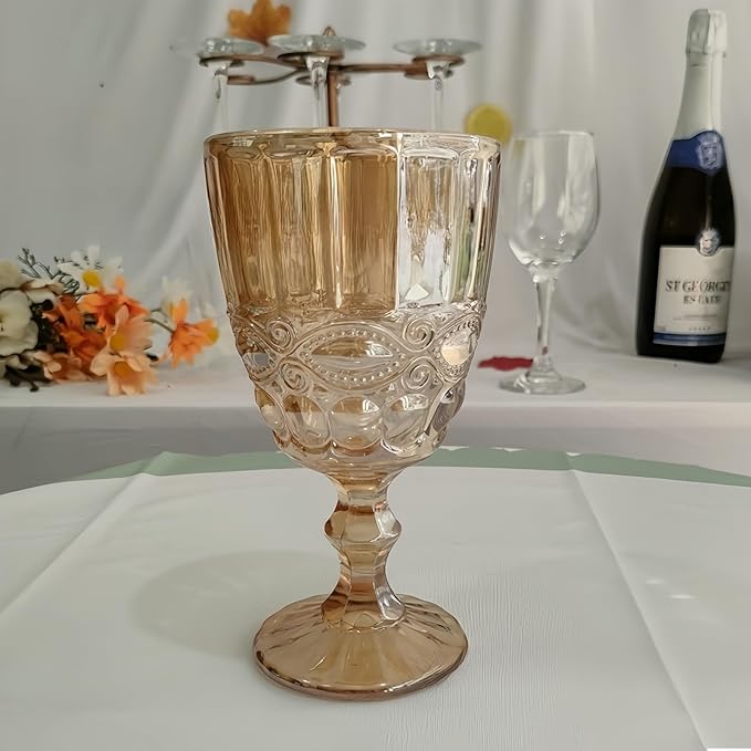 12 Pcs Vintage Wine Glasses, 10 Ounces Colored Glass Water Goblets, Unique Embossed Pattern High Clear Stemmed Glassware Wedding Party Bar Glass Drinking Cups, Floral Amber Glasses Set of 12