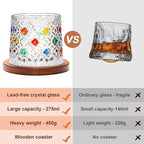 Rotatable Old Fashioned Glass, 275ml/10oz Crystal Whiskey Glass Set of 4, Wood Coaster, Thickening, Used as Rum Glass, Cocktail Cup, Coffee Cup, Milk Cup to Relax and Reduce Stress, Christmas gifts