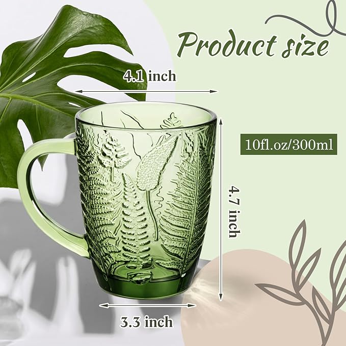 Reallnaive Green Drinking Glasses Set of 8, Boho Aesthetic Vintage Glassware Fern Paisley Carving Textured Tumbler Water Cups Embossed Pattern Drinkware Cocktail Set for Xmas Gift (10 oz,with Handle)
