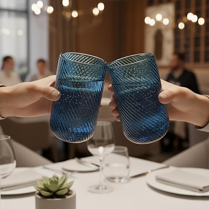 Set of 8 Ribbed Glassware,4 Highball Glasses 14oz & 4 Rocks Drinking Glasses 9oz, Origami Style, Fluted Design, for Milk, Water, Cocktail, Juice, Beer, ToothBrush Cup, Gif (Leaning Blue)