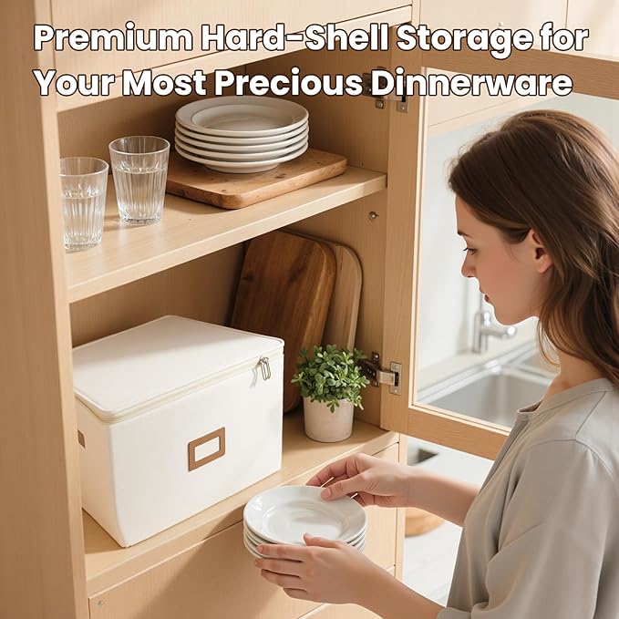 HOMELUX THEORY Flatware Storage Hard Shell China Storage Containers - Ivory Silverware Organizer, Cutlery & Silverware Storage Box with 5 Dividers & Lid, Packing Heavy Duty Moving Box with Handles