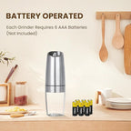Gravity Electric Salt And Pepper Grinder Set, Automatic Salt And Pepper Grinder Set, Battery Powered (6 AAA Batteries Each), Adjustable Roughness, LED Light, 2 Pack, (Silver)