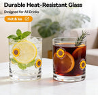 2 Pcs Handmade Sunflower Icon Juice Glass Cup, Durable Heat-Resistant Glass, 14 oz Old Fashioned Drinking Glass Cup for Holiday Party