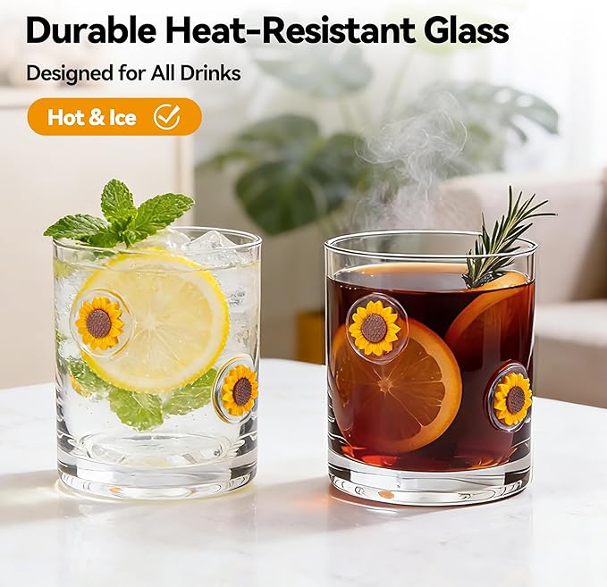 2 Pcs Handmade Sunflower Icon Juice Glass Cup, Durable Heat-Resistant Glass, 14 oz Double Old Fashioned Drinking Glass Cup for Holiday Party Supplies Spring Gifts