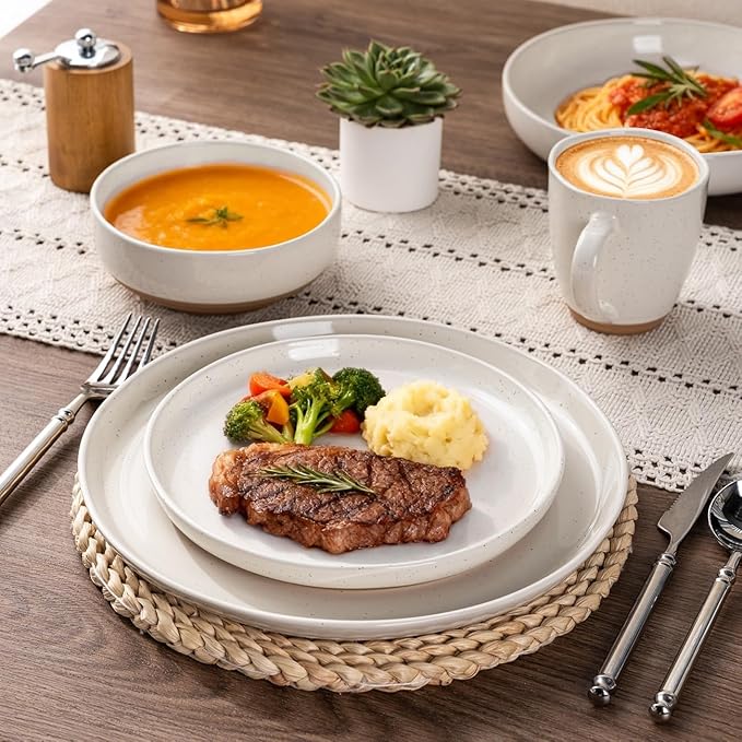 AmorArc Ceramic Dinnerware Sets for 8, 24 Pieces Handpainted Plates and Bowls Set with Rustic Terracotta Underside, Scratch Resistant Stoneware Dishes Set, Dishwasher & Microwave Safe, Light Beige