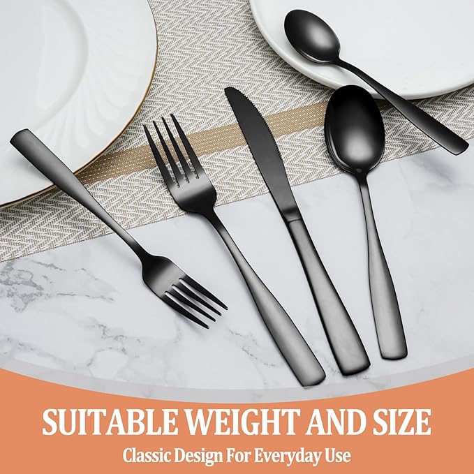 20 Pcs Black Silverware Set, Food-Grade Stainless Steel Flatware Set for 4, Square Cutlery Set, Mirror Polished Tableware Eating Utensils Set for Kitchen, Include Knife Fork Spoon Set,Dishwasher Safe