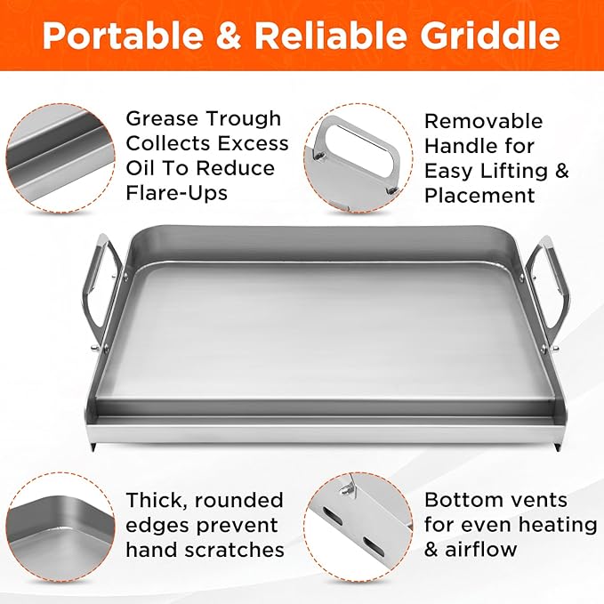 23" x 16" Stainless Steel Flat Top Griddle for Gas & Charcoal Grills, Universal Design for Outdoor & Home Cooking, with Grease Groove & Removable Handle, Ideal for Tailgating & Backyard Parties