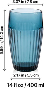 Blue Drinking Glasses Set of 4, 14 oz Ribbed Textured Glass Tumblers, Tall Retro Colored Drinkware for Water & Cocktails, Decorative Highball Glasses for Home & Bar, Modern Vintage Glassware Gift Set