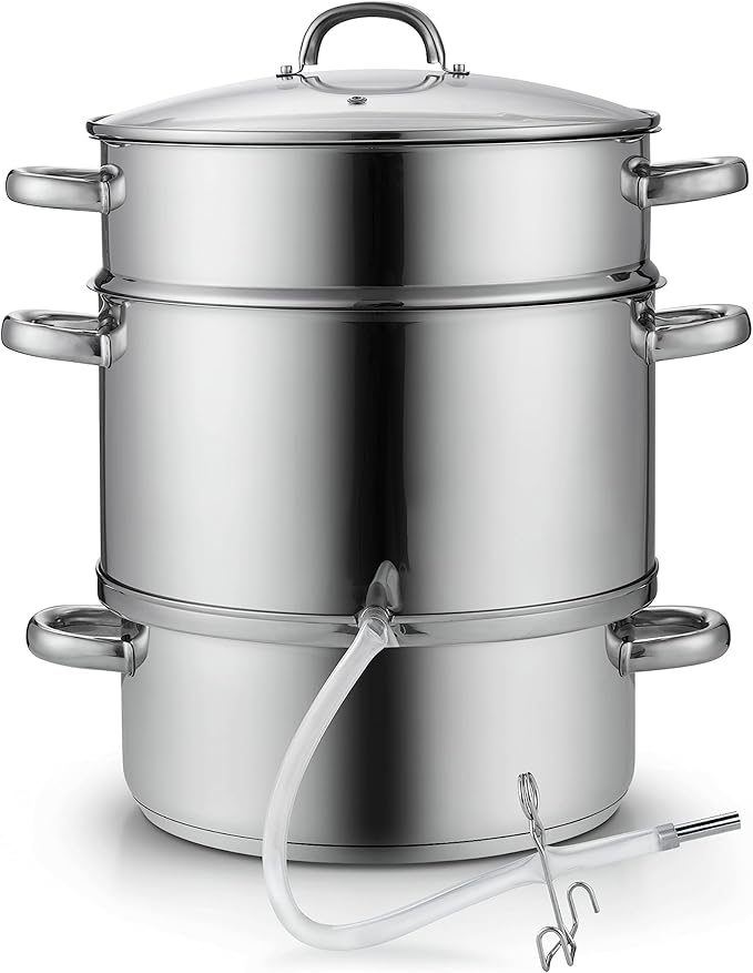 Cooks Standard Canning Juice Steamer Extractor Fruit Vegetables for Making Jelly, Sauces, 11-Quart Stainless Steel Multipot with Glass Lid, Clamp, 2-Pcs Hose