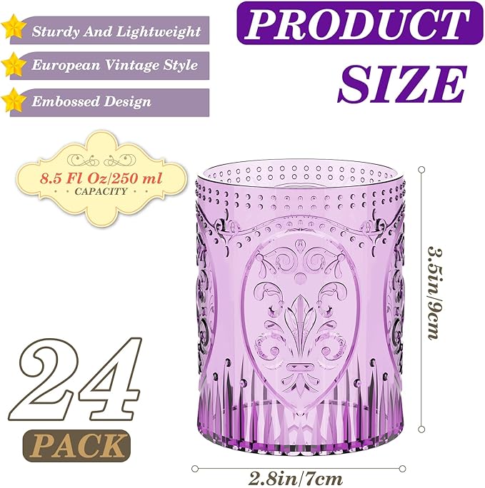 Qinyoung 24 Plastic Vintage Drinking Glasses 8.5oz Stemless Retro Embossed Wine Glasses Shatterproof Reusable Cups for Baby Shower Wedding Reception Grand Event Party (Purple)