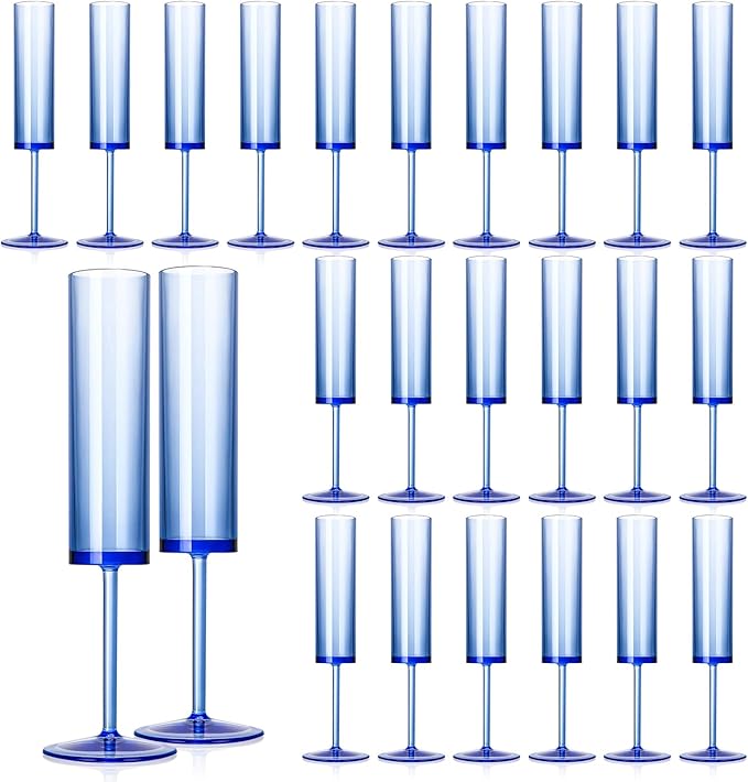 24 PCS Sapphire Blue Plastic Champagne Flutes 5.4 OZ Clear Acrylic Champagne Flutes Sparkling Wine GlassesLong Stem Crystal Champagne Glasses For Wedding Baby Shower Anniversary Birthday