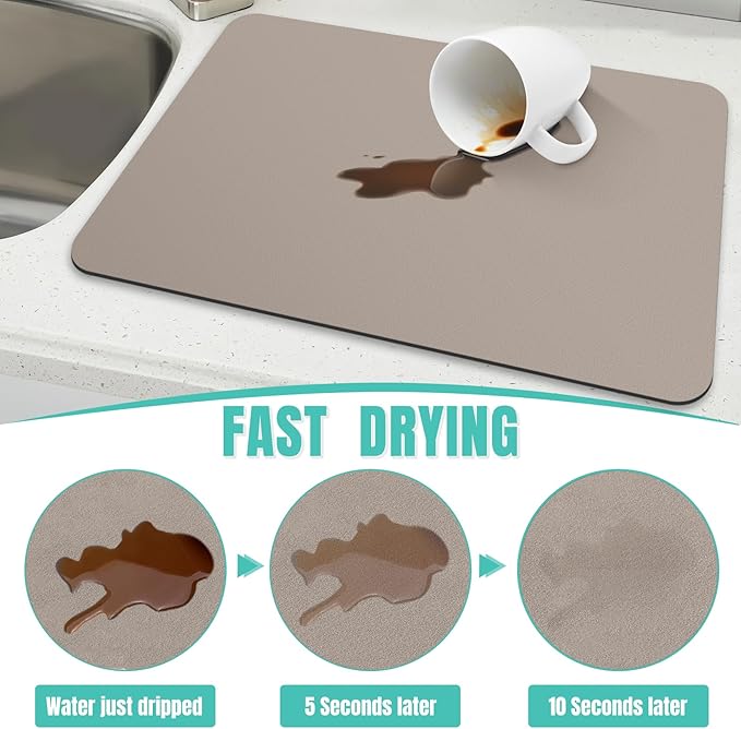 WISELIFE Coffee Mat Super Absorbent Dish Drying Mat Bar Accessories Match with Coffee Machine Large Drying Mats for Kitchen Counter 12" W x 19" L, Khaki