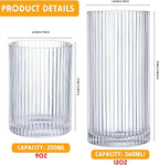 Zhehao 12 Pcs Ribbed Drinking Glasses Set 9 oz 12 oz Glass Cups Vintage Glassware Ribbed Cocktail Cup Clear Ice Coffee Highball Ripple Drinkware for Home Bar Beverages