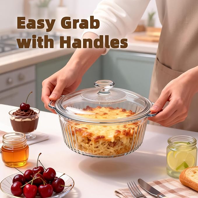 Luvan 2.4L/2.5Qt Round Glass Casserole Dish with Lid, Clear Baking Dish with Handles for Baking, Cooking & Serving, High Borosilicate Lead-Free Glass cookware, Oven, Microwave, Freezer & Dishwasher Safe