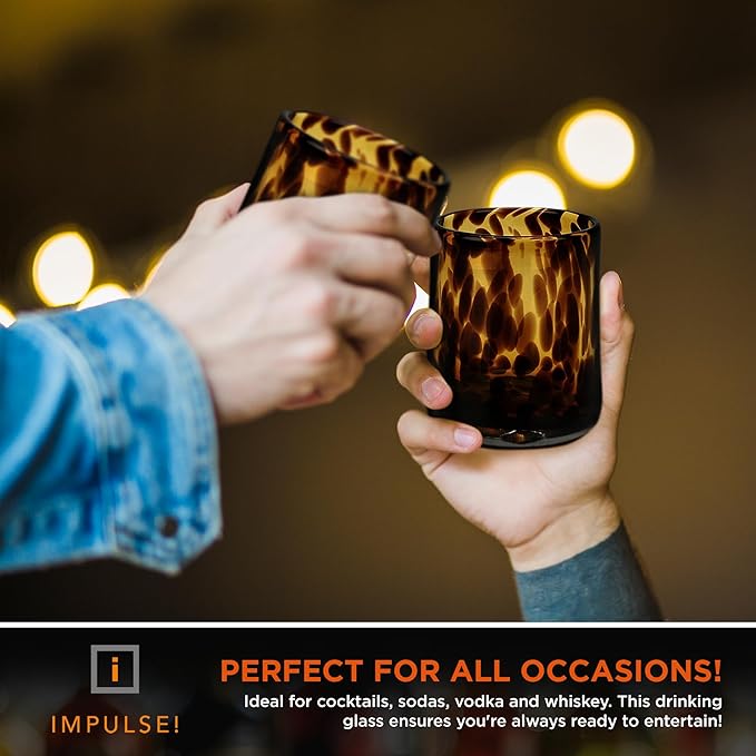 IMPULSE! Tortoise Leopard Print Brown 10 oz. Rocks Glasses, Set of 4 - Stylish Stemless Cocktail Cups Glass - Ideal Glassware Tumbler for Gin, Tequila, Vodka, Soft Drinks - 3.15 × 3.15 × 4.3 in