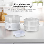 Rosewill Electric Food Steamer with 3 Tiers BPA-Free Stackable, Dishwasher Safe Baskets, 800W with fast steam heating within 40s, Auto shut-off and 60-min timer, 9.5 Quarts Capacity - White