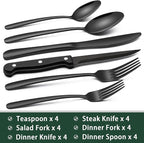 EWFEN 24-Piece Black Silverware Set with Steak Knives, Black Flatware Set for 4, Food-Grade Stainless Steel Tableware Cutlery Set, Mirror Finished Utensil Sets for Home Restaurant, Heavy Duty