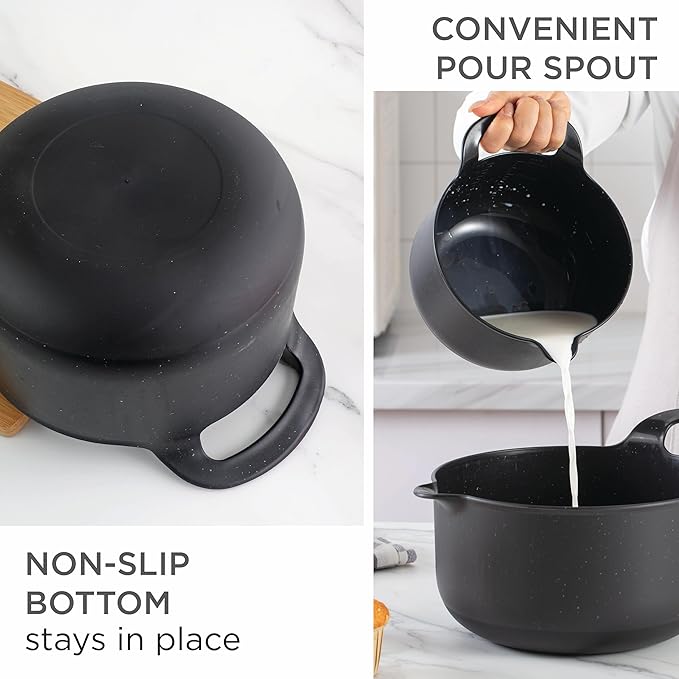 COOK WITH COLOR Nesting Plastic Mixing Bowl Set with Pour Spouts and Handles, Black Speckled, 6 Piece Non-Slip