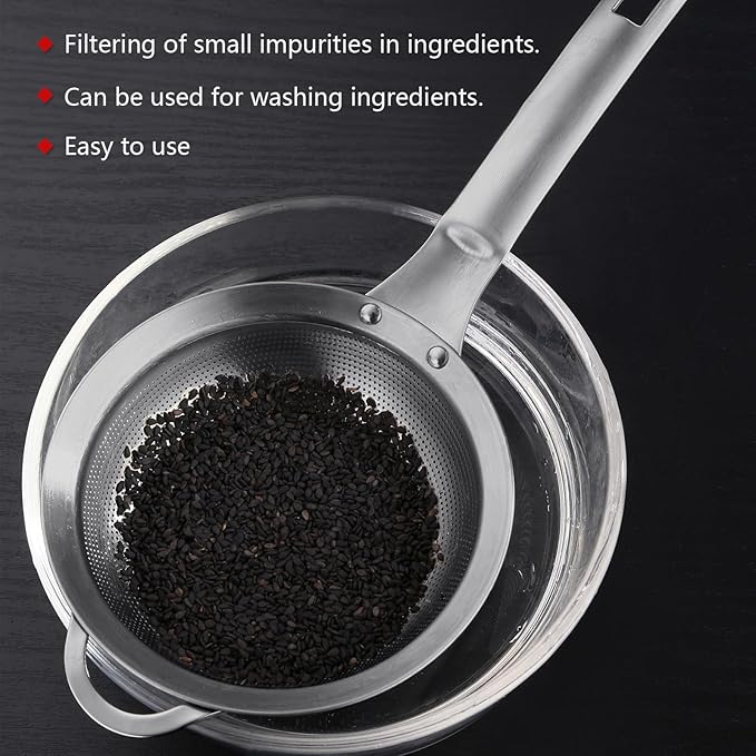 Collfa Punch Hole Sieve Fine Mesh Stainless Steel Small Colander Strainer With Handle Metal Micro Sifter Set of 2 for Kitchen Baking and Food Filter Rice,Tea,Pasta,Flour,Juice,Mini 3.55 and 4.33 Inch