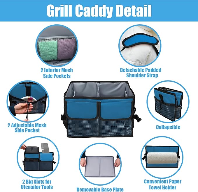 Large Grill Caddy with Paper Towel Holder - BBQ Caddy Organizer for Utensil, Condiment - Easy Carry Picnic Bag - Griddle Bag for Camping, Travel, RV - 600D Waterproof Oxford Fabric, Blue