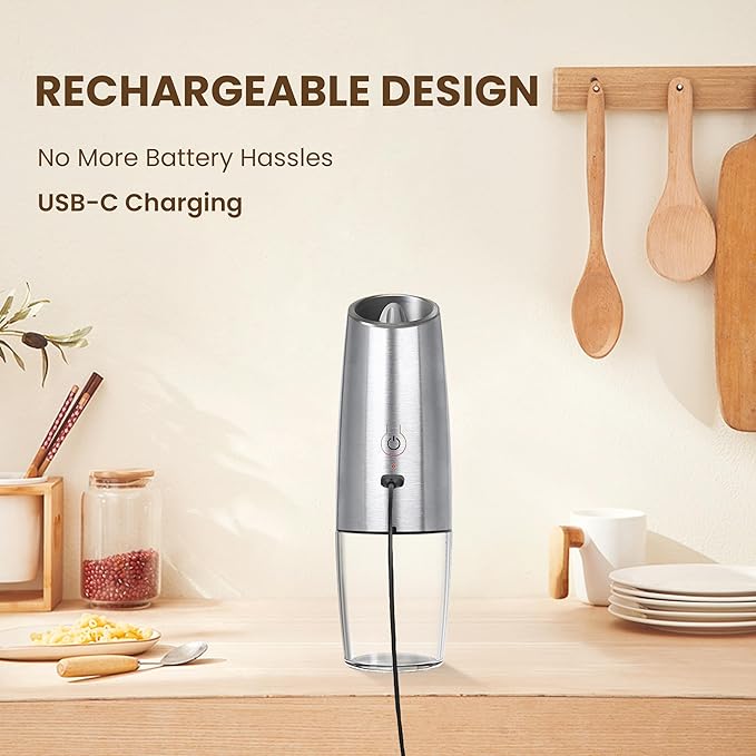 Rechargeable Electric Salt And Pepper Grinder Set, Automatic Gravity Electric Salt And Pepper Grinder Set, Adjustable Roughness, Led Light, 1 Pack, (Silver)