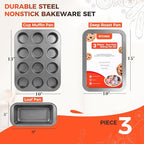 3-Piece Baking Pans Set Non-stick Stackable Bakeware Sets Non Toxic Baking Sheet Set for Cooking，Include Cookie Sheet,Muffin pan,Bread Loaf Pan For Oven,Carbon Steel,with Baking Glove,Black