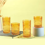 Loivttvv Glassware Drinking Glasses Set of 8, 14 oz Highball Glasses & 10 oz Ribbed Glass Cups, Vintage Glassware for Water, Juice, Cocktail (Thanksgiving Amber)