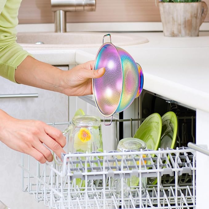 Rainbow Strainer for Kitchen, 3QT, Stainless Steel Colander with Handle for Fruits Vegetables Cooking Food, Dishwasher Safe