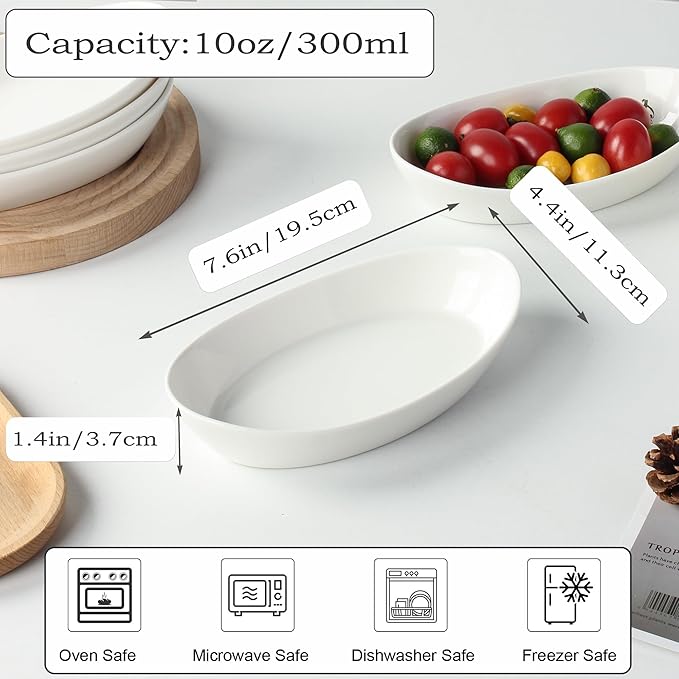 Au Gratin Baking Dishes for Oven Safe, Porcelain Mini Casserole Dish (4pc Set). 10oz Individual Gratin Dishes Set, Ceramic Small Baking Dish for Single Serving, Banana Split Bowls, 7.6x4.4in