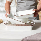 ONEMORE Casserole Dishes for Oven, Ceramic Baking Dish Set of 4, Non-Stick Lasagna Pans with Handles, Rectangular Bakeware Set for Cake, Roasting, Broiling, Gratin, Banquet, Microwave & Dishwasher Safe(3.8/2.6/1.7/1.1 Qt) (White 01)