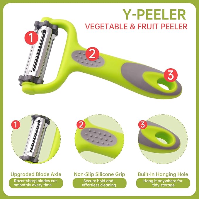 3 in 1 Vegetable Peelers for Kitchen – I & Y Peelers for Potatoes, Carrots, Apples, Cucumbers – Julienne, Slicer & Straight Blades – Sharp Stainless Steel, Non-Slip Handle
